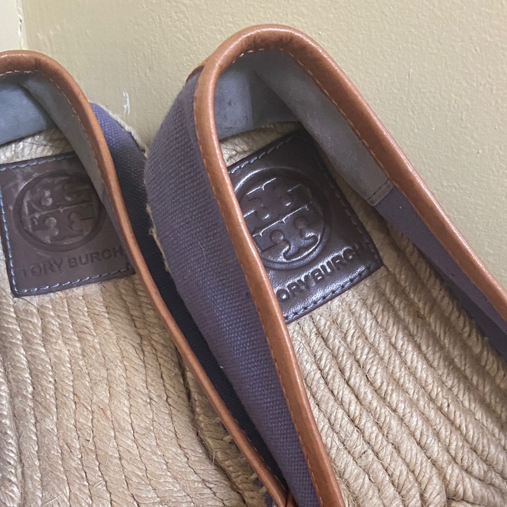 Tory Burch Purple Canvas Espadrille Flats with Tan Leather Trim - Picture 2 of 5
